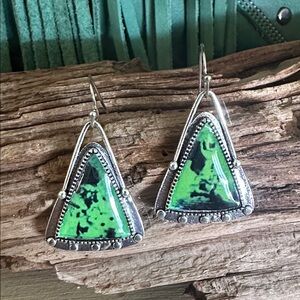 Green Turquoise Triangle Earrings Silver Tone Boho Western Dangle Statement NWT